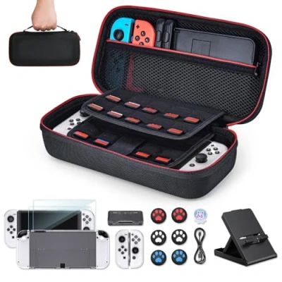 Immagine di Younik Switch OLED accessori Bundle, 16 in 1 kit di include custodia per il trasporto, protettiva console e J Con, protezione lo schermo, supporto regolabile