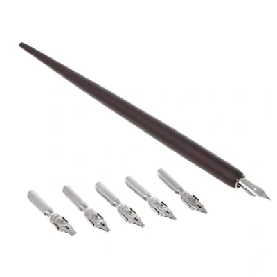 Immagine di Penna per calligrafia inglese in legno con scritta rame e supporto obliquo + 5 pennini. Design accattivante