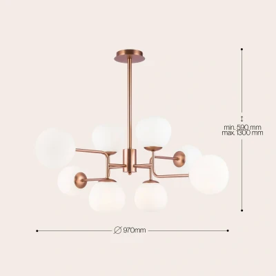 Immagine di Moderno Lampadario da Soffitto a Sospensione, Rame, 8 luci, Paralumi Sfera in Vetro Bianco Opaco, per lampadine E14 40 W non incl.