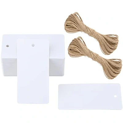Immagine di G2PLUS 100PCS Etichette in Carta Kraft,Etichette Regalo,Tag Regalo, Rettangolare,con Spago di Iuta per Confezioni Regalo Feste Compleanno