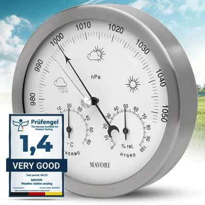Immagine di MAVORI® stazione meteo analogica Barometro, Igrometro e Termometro 3in1 per interni ed esterni barometro analogico in acciaio inox Ø 13,5cm con vetro acrilico dal design moderno