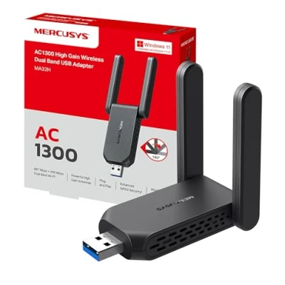 Immagine di Mercusys TP Link MA32H WiFi USB AC1300Mbps, Chiavetta per PC Fisso, 2 Antenne ad Alto Guadagno, Dual Band 5GHz/867Mbps + 2.4GHz/400Mbps, 3.0, MU MIMO, WPA3, Supporta Windows 10/11, Plug&amp;Play