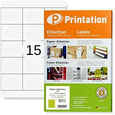 Immagine di Printation Etichette adesive bianche 70 x 50,8 mm 1500 Universali 70x50,8 100 fogli A4 stampabili 3x5 bianco 15 per Foglio Scuola 3669 4278 002175