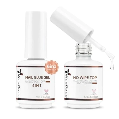 Immagine di Nicedeco Colla Gel Unghie per Tip UV e Top Coat, Finte Extra Forte 6 in 1 Nail Glue No Wipe Coat Semipermanente Lampada Necessaria 2 x 15ml