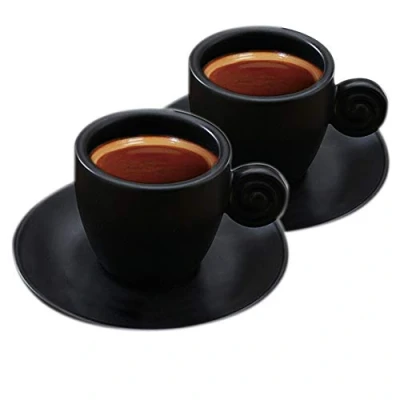 Immagine di Set di tazze da caffè espresso con piattini, in ceramica opaca, 90 ml, colore: nero opaco, 2
