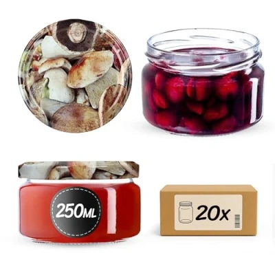 Immagine di KADAX Piccoli vasetti per conserve da 250 ml, con coperchio, ermetici regalare, mini barattoli miele e spezie (20 pezzi, funghi)