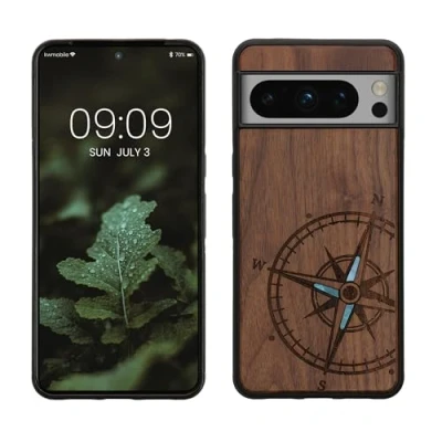 Immagine di kwmobile Custodia Compatibile con Google Pixel 8 Pro Cover Back Case in Legno Bumper Silicone TPU Bussola Vintage Madreperla marrone scuro