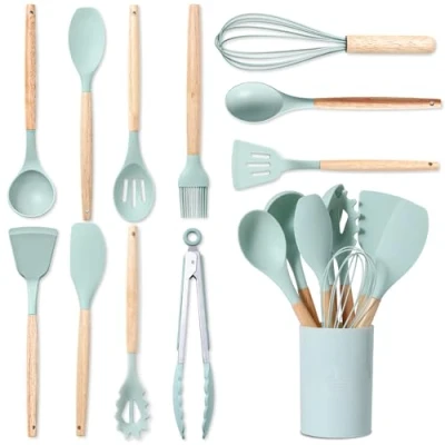 Immagine di BASVII 12 Pezzi Set Utensili Cucina Silicone con Porta Mestoli da Realizzato Utilizzo e Manici in Legno, Resistenti al Calore Antiaderenti (Verde)