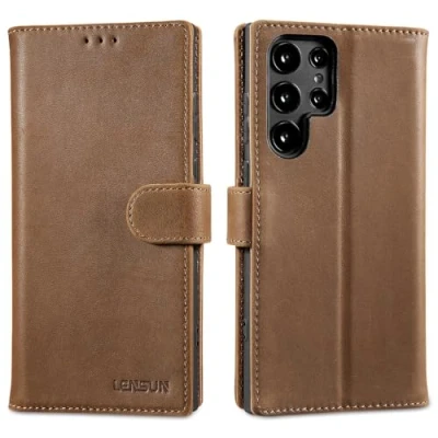 Immagine di Lensun Cover per Samsung Galaxy S22 Ultra 5G, Custodia in Vera Pelle Libro con Portafoglio Chiusura Magnetico Flip Custodie Cuoio Marrone Scuro Retrò