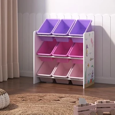 Immagine di [en.casa] Scaffale per Cameretta con 9 Contenitori a Scaletta Porta Giocatoli (AxLxP) 60 x 62 26,5 cm Mobile Misura di Bimbi Disegno Laterale Oceano Rosa/Viola