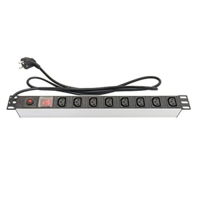 Immagine di Good Connections® Ciabatta elettrica 19&quot; (1HE) spina con contatto di protezione su 8 prese C13 per dispositivi a freddo (10 A), interruttore USS profilo in alluminio argento