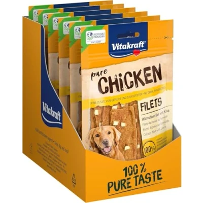 Immagine di Vitakraft Pure Chicken, filetti di pollo con formaggio, leccornie carne per cani, confezione riciclabile, senza l&#039;aggiunta zuccheri e cereali (9x 80g)