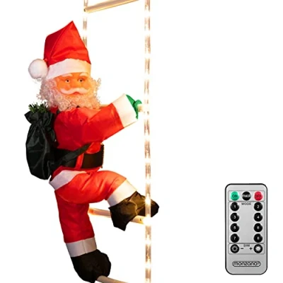 Immagine di MONZANA® Babbo Natale con LED sulla Scala XL 90cm Timer 8 Modalità Luminose per Interni ed Esterni Decorazioni Natalizie