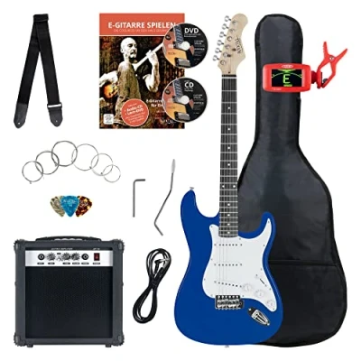 Immagine di Rocktile ST Pack Set Chitarra Elettrica Blu Kit Completo per Chitarre Elttriche con Amplificatore 25W, Custodia Morbida, Accordatore, Cavo, Tracolla, Plettri Blue High Gloss
