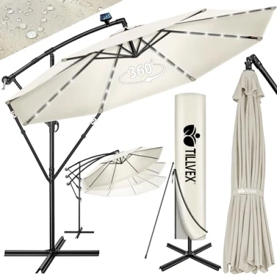 Immagine di tillvex Ombrellone da Giardino LED Solar Ø 350 cm con manovella, couverture et parevent interruttore on/off e base Materiale Alluminio protezione UV impermeabile