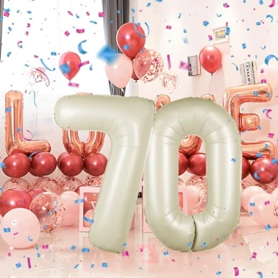 Immagine di Palloncini Compleanno 70 anni Beige 101 CM Palloncino Numero Gonfiabile in Foil Decorazioni di un uomo donna Vola con l&#039;Elio