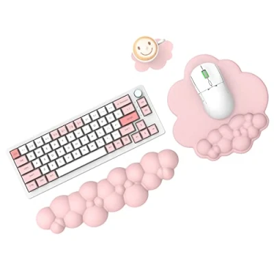 Immagine di MAMBASNAKE Cloud Mouse Pad e Tastiera Poggiapolsi Set di Supporto con Sottobicchiere, Comodo Cuscino da Polso in Memory Foam Mousepad Base Antiscivolo, Ergonomico Rosa