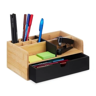 Immagine di Relaxdays Organizer da Scrivania, in bambù, 1 Cassetto, 9 Scomparti, Portapenne Ufficio, 10x25x15,5 cm, Marrone Nero