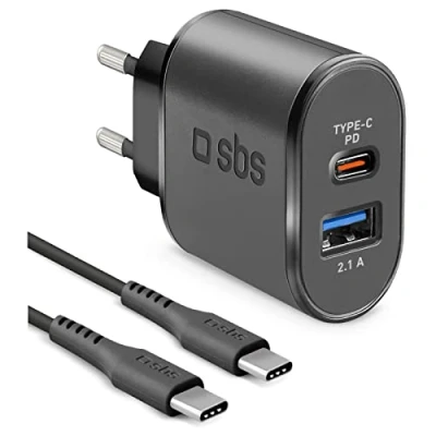 Immagine di SBS Caricabatterie da Viaggio 18W Fast Charge per iPhone, Samsung, Oppo, Xiaomi, Kit di Ricarica con Caricatore Power Delivery e Cavo USB C a C, nero