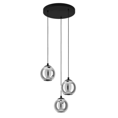 Immagine di Eglo lampada a sospensione Ariscani, luce grappolo con 3 luci per sala da pranzo, metallo in nero e vetro fumo trasparente, attacco E27, Ø 42,5 cm