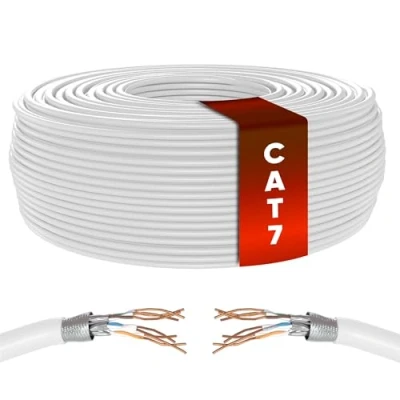 Immagine di Mr. Tronic Cavo Ethernet Cat 7 da 50m, 100% rame alta velocità Ethernet, di rete LAN sfuso rotondo per interni senza connettori Rj45 28AWG, schermato SFTP Internet (50 Metri, Bianco)