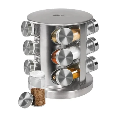 Immagine di STONELINE Portaspezie Girevole Scaffale 360 Acciaio Innox con 12 Barattoli per Spezie 80 ml in Vetro, Etichette Adesive Bianche, Porta Supporto Organizzatore Dosatori