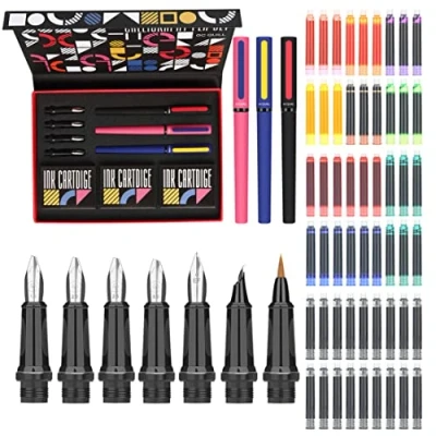 Immagine di GC QUILL penna stilografica calligrafica 3 penne stilografiche, 7 pennini, 54 cartucce d&#039;inchiostro Pratica di scrittura, disegno e calligrafia per principianti F354