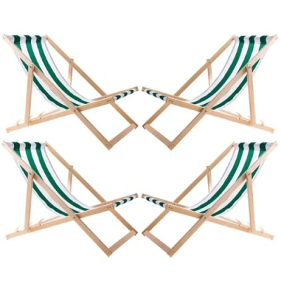 Immagine di WOODOK Set di 4 sedie a sdraio in legno faggio, pieghevoli, per giardino, spiaggia, balcone e terrazza, schienale regolabile, tessuto resistente alle intemperie, fino 120 kg (Strisce verdi)
