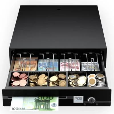 Immagine di POS VALLEY Cassetto Cassa Piccolo in Ferro Porta Banconote e Monete (Euro) Apertura Automatica Stampante RJ Registratore di Cassa, 33x37 cm, Nero