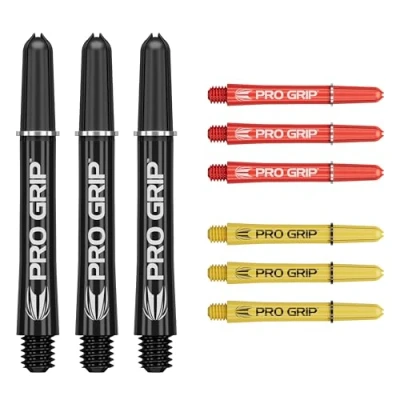 Immagine di Target Darts PRO Grip Shafts Set di 9 3 Colori, Nero/Giallo/Rosso Intermedio, 41mm steli per Freccette, Accessori Freccette Professionali, Multipack Alberi 2BA con Anelli