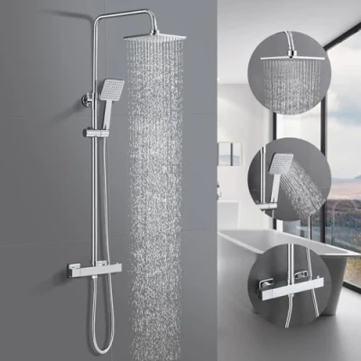 Immagine di BONADE Sistema doccia con termostato, a pioggia rubinetto, in acciaio inox, set completo, 81 117 cm, asta regolabile, cromato