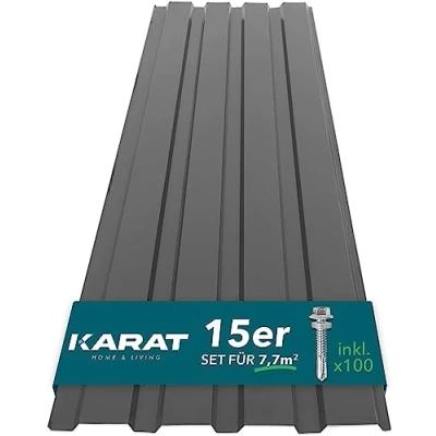 Immagine di KARAT 15 pezzi di lamiera trapezoidale 115 x 45 cm Set fogli profilati con viti 7, 7 m² da parete Spessore 0, 25 mm Piastre per tetto in d&#039;acciaio (grigio)
