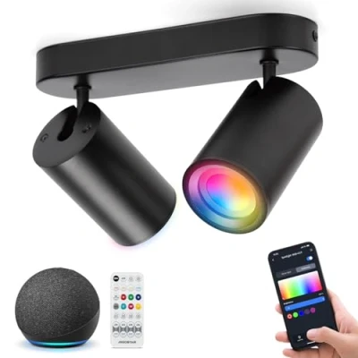 Immagine di Aigostar Faretti da Soffitto Compatibile con Alexa Bluetooth Mesh,Intelligente Plafoniera LED RGB+CCT Dimmerabile 2700K 6500K, GU10 4.9W Orientabili Faretto Muro 2 Luce per Cameretta Soggiorno
