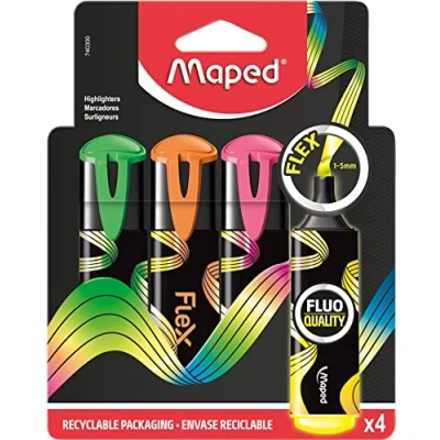 Immagine di Maped 4 evidenziatori Fluo Peps Flex Punta morbida flessibile Comfort di scrittura su tutti i tipi carta Colori luminosi giallo + verde rosa arancione
