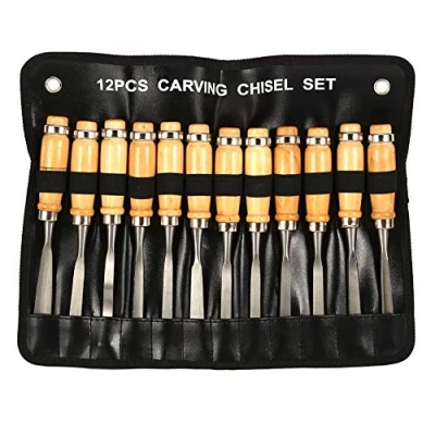 Immagine di Scalpelli per Legno, Set di 12 Pezzi Coltello intagliare Kit Intaglio Legno Professionale e Principianti, Manici in Lavorazione del Carpenteria Sgorbie Mano Scalpello