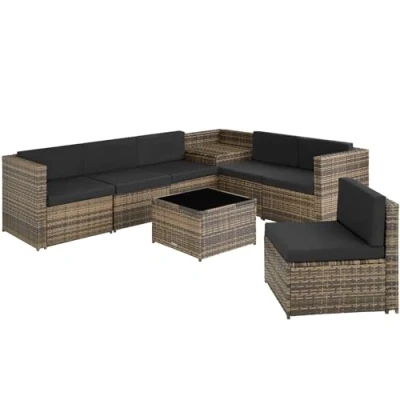 Immagine di TecTake® Set da Conversazioni, Salottino in Rattan, Poltrona Giardino, Sedia Esterno, Tavolo con Piastra di Vetro, Box Contenitore, UV Resistenti, Arredamento Giardino Bello e Versatile Naturale