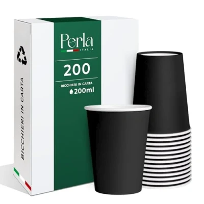 Immagine di Perla, 200 Bicchieri di Carta da ml, Bicchiere Monouso Biodegradabile Ecologico, Adatto per Bevande Fredde e Calde, Acqua usa getta (Nero)