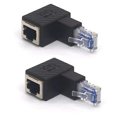 Immagine di HTGuoji Adattatore Ethernet RJ45 ad angolo, RJ45, 8P8C, 90 gradi, da maschio a femmina, Cat5e Cat6, connettore patch di rete, 2 pezzi (su)