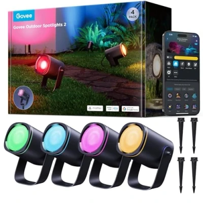 Immagine di Govee Faretti da Esterno 2, Illuminazione Giardino Impermeabile IP67, Faretto RGBWIC, Dimmerabile 700lm, 69 Modalità Scena e 16 Milioni di Colori, Funziona con Alexa, Google Assistant, Matter. 4 pz