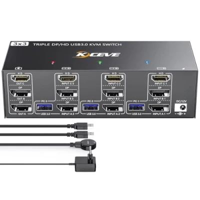 Immagine di switch KVM USB 3.0 3 monitor computer HDMI+DP+DP porte, YOUTINGHDAV 8K@60Hz 4K@144Hz per Condividi e 4 dispositivi Mouse Tastiera