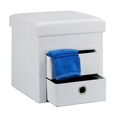 Immagine di Relaxdays Pouf Contenitore Pieghevole, Scomparto Interno, 2 Cassetti Rimovibili, Cubo, finta pelle, Bianco, H x L P: 38 cm
