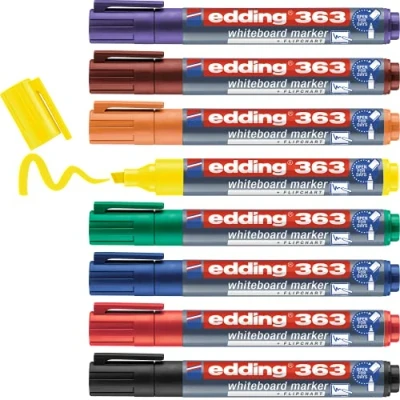 Immagine di edding 363 Marcatore per lavagne bianche punta a scalpello; Astuccio 8 pz.; Colori nero, rosso, blu, verde, giallo, arancione, marrone, viola; Tratto 1 5 mm