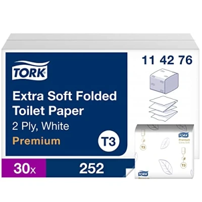 Immagine di Tork 114276 Carta Igienica Intercalata Extra Soft Premium, compatibile con sistema T3, 2 veli, 30 conf. x 252 (7560 fogli), bianco