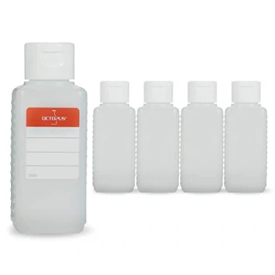 Immagine di Octopus 5 flaconi di plastica 100 ml, bottigliette HPDE con Tappo Flip Top Bianco, Bottiglie a Cerniera Quadrati Etichette adesive