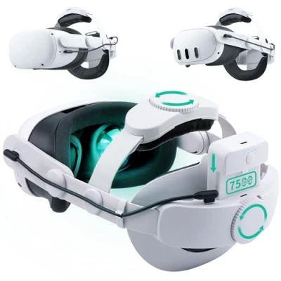 Immagine di Noiposi Cinghia per batteria da 7500 mAh Meta Quest 3S/3/Quest 2, doppia manopola di ricambio regolabile, accessori realtà virtuale, supporto e comfort migliorato, riduce la pressione