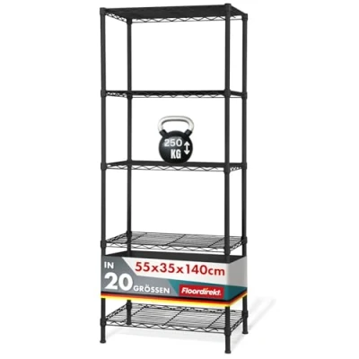 Immagine di Scaffale con ripiani a griglia Rocky in metallo portata circa 50 kg per ripiano Sistema di superfici d’appoggio multifunzionale (55 x 35 140 cm, colore nero)