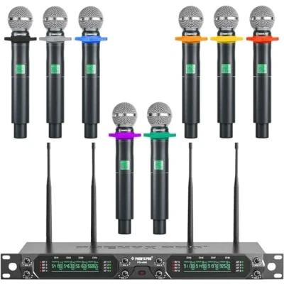 Immagine di Phenyx Pro Sistema microfonico wireless UHF a 8 canali con microfoni dinamici portatili in metallo, microfono frequenza fissa per karaoke, chiesa, canto, DJ, portata di 79 m (PTU 4000 8H)