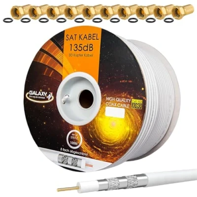 Immagine di 135dB 100 m coassiale SAT Cavo KU in rame puro Antenna schermato a 5 strati per DVB S/S2 C e T BK Impianti + 10 placcato oro connettore F con anello gomma Set omaggio di HB Digital