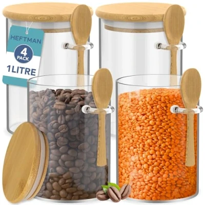 Immagine di HEFTMAN barattoli in vetro con coperchio bambù, 1 litro, confezione da 4 ermetico bambù e cucchiai, per caffè, zucchero, spezie, cioccolata calda,