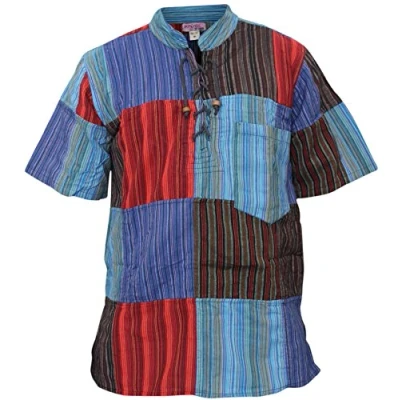 Immagine di SHOPOHOLIC FASHION Camicia da Nonno Hippie a Righe Patchwork Maniche Corte Uomo, 4XL